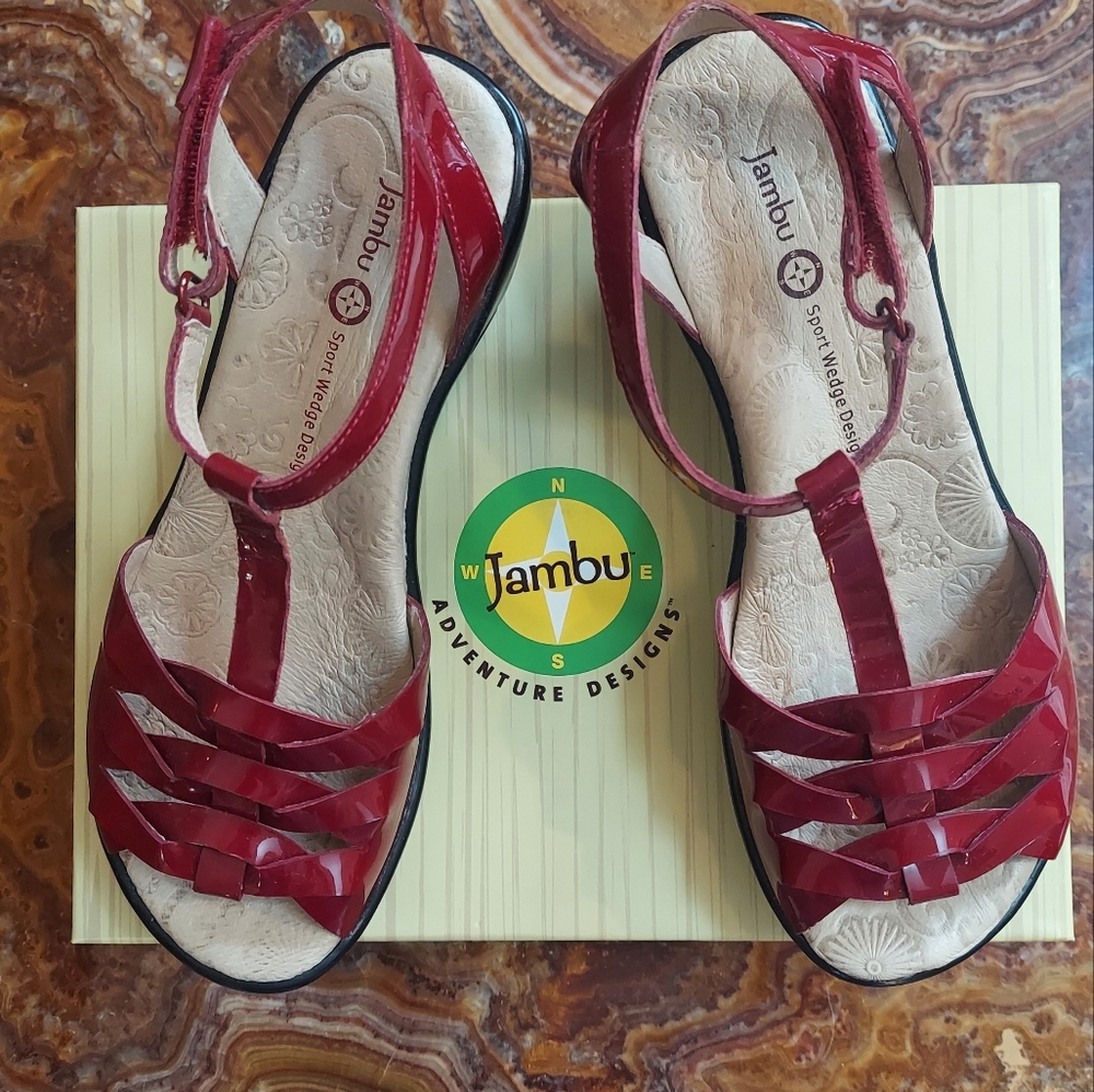 Jambu red patent leather sandles, size 7